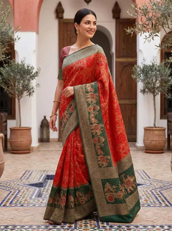 Red_Banarasi_Silk_Saree_with_Green_Meenakari_Elephant_Zari_Jacquard_Weaving