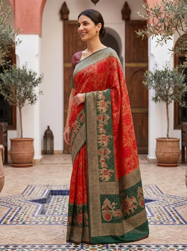Red_Banarasi_Silk_Saree_with_Green_Meenakari_Elephant_Zari_Jacquard_Weaving