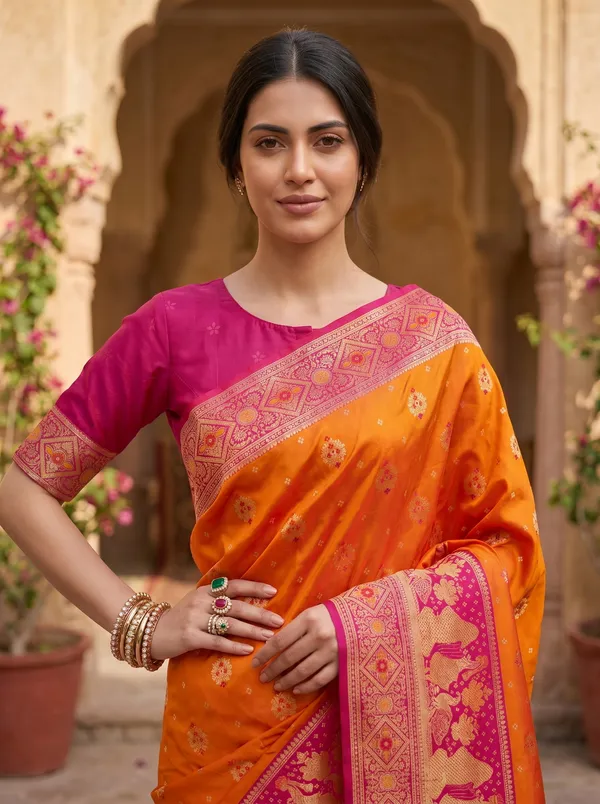 Vibrant_Orange_Banarasi_Silk_Saree_with_Pink_Border,_Gold_Zari_&_Meenakari
