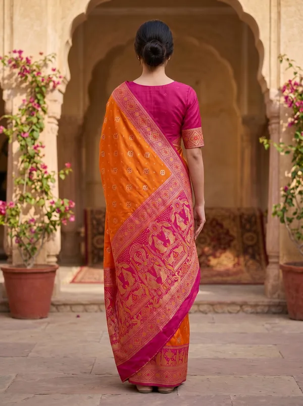 Vibrant_Orange_Banarasi_Silk_Saree_with_Pink_Border,_Gold_Zari_&_Meenakari