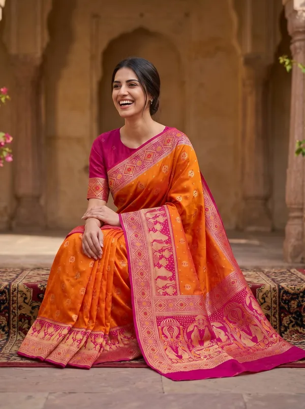 Vibrant_Orange_Banarasi_Silk_Saree_with_Pink_Border,_Gold_Zari_&_Meenakari
