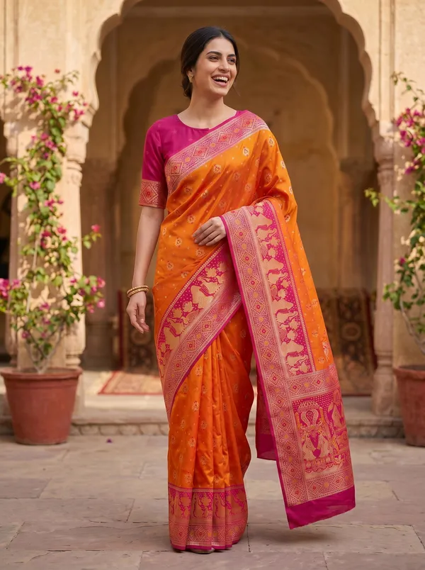Vibrant_Orange_Banarasi_Silk_Saree_with_Pink_Border,_Gold_Zari_&_Meenakari