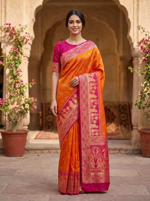 Vibrant_Orange_Banarasi_Silk_Saree_with_Pink_Border,_Gold_Zari_&_Meenakari