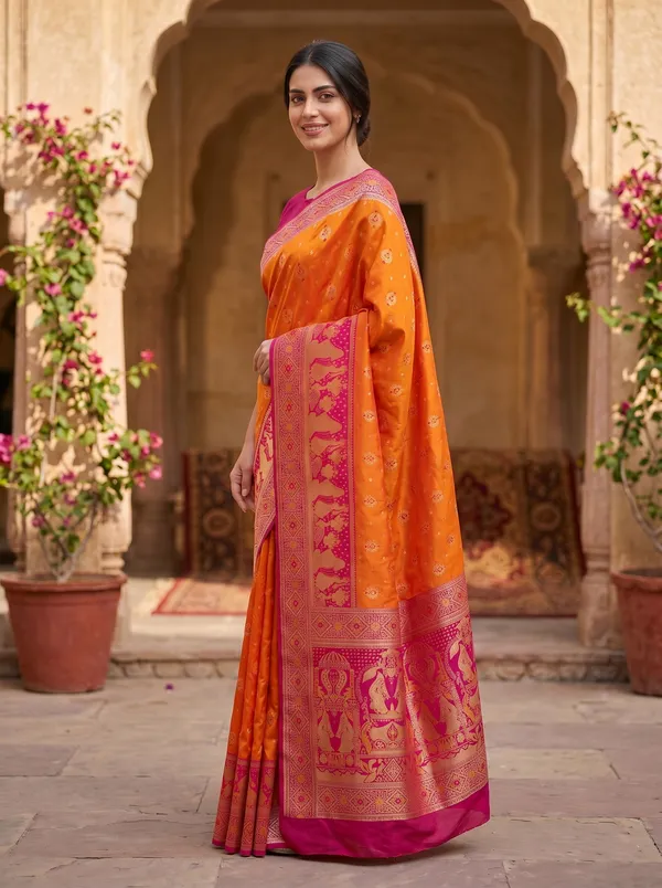Vibrant_Orange_Banarasi_Silk_Saree_with_Pink_Border,_Gold_Zari_&_Meenakari