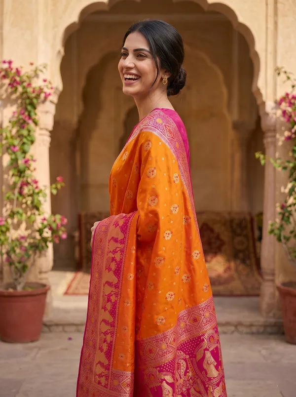 Vibrant_Orange_Banarasi_Silk_Saree_with_Pink_Border,_Gold_Zari_&_Meenakari