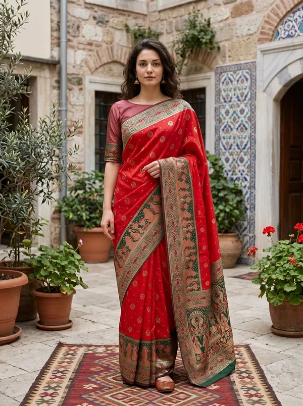 Red_Banarasi_Silk_Saree_with_Gold_Zari_&_Meenakari_Jacquard_Weaving