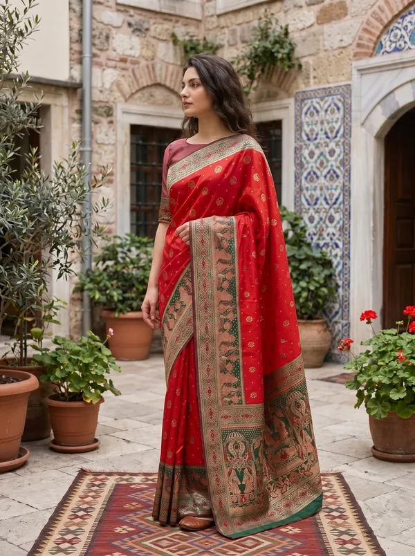 Red_Banarasi_Silk_Saree_with_Gold_Zari_&_Meenakari_Jacquard_Weaving