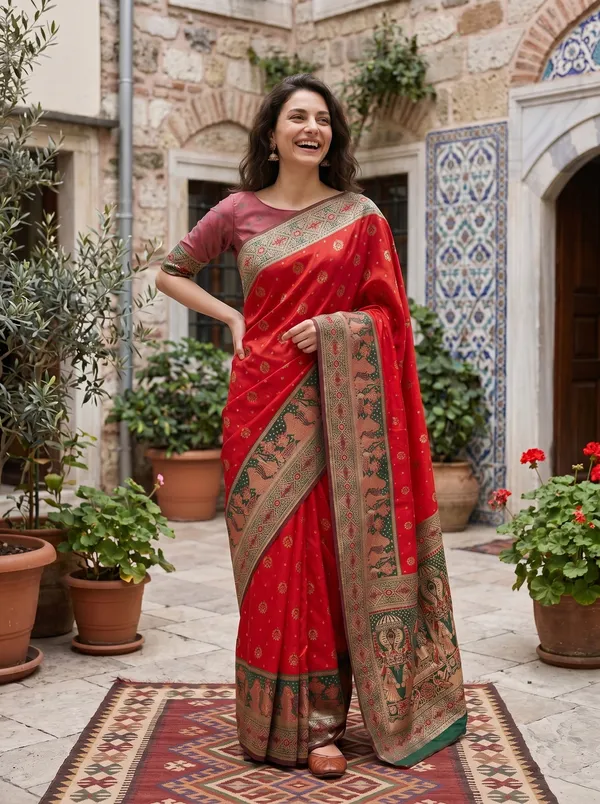 Red_Banarasi_Silk_Saree_with_Gold_Zari_&_Meenakari_Jacquard_Weaving