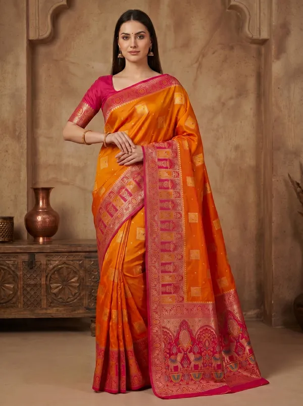Orange_Banarasi_Silk_Saree_with_Pink_Meenakari_Border_&_Gold_Zari_Motifs