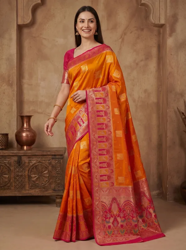 Orange_Banarasi_Silk_Saree_with_Pink_Meenakari_Border_&_Gold_Zari_Motifs