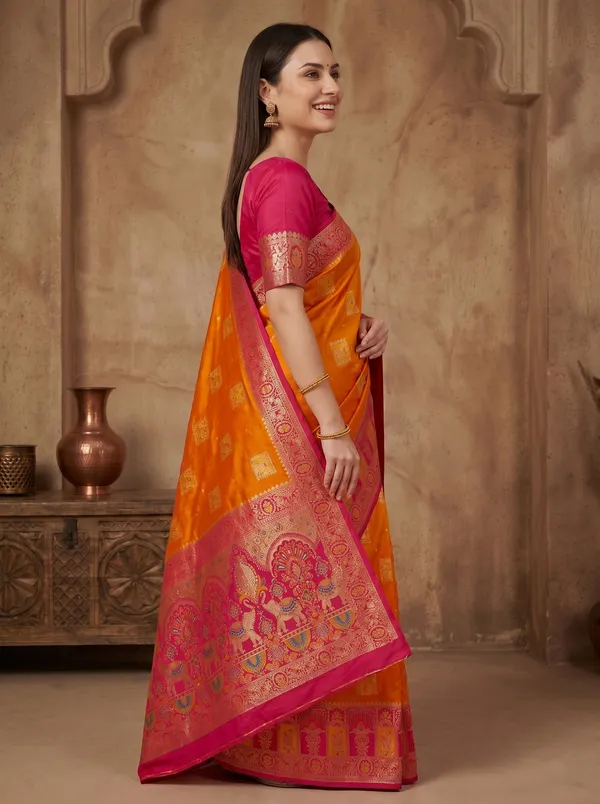 Orange_Banarasi_Silk_Saree_with_Pink_Meenakari_Border_&_Gold_Zari_Motifs