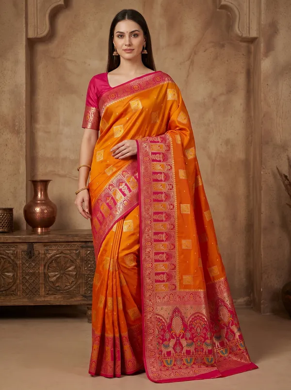 Orange_Banarasi_Silk_Saree_with_Pink_Meenakari_Border_&_Gold_Zari_Motifs