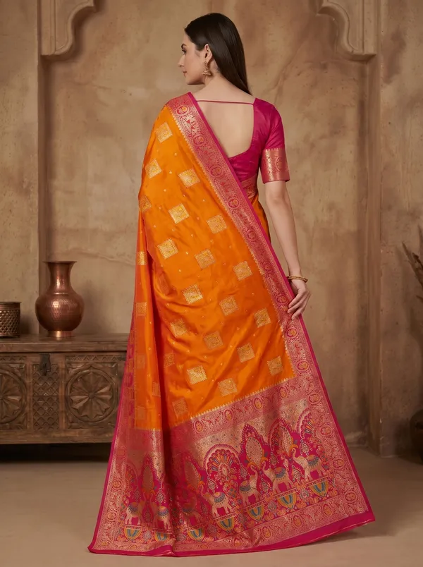 Orange_Banarasi_Silk_Saree_with_Pink_Meenakari_Border_&_Gold_Zari_Motifs