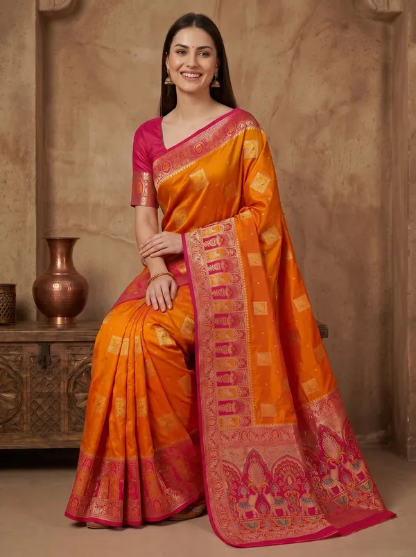 Orange_Banarasi_Silk_Saree_with_Pink_Meenakari_Border_&_Gold_Zari_Motifs