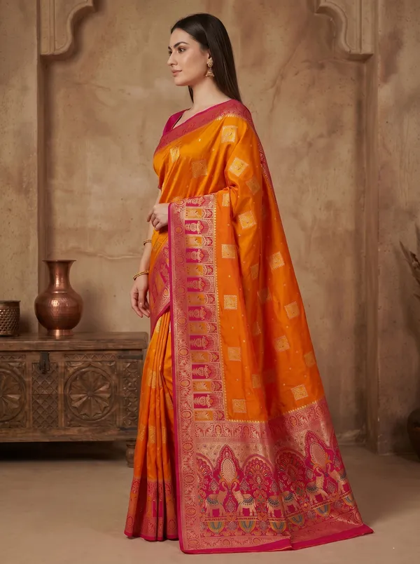 Orange_Banarasi_Silk_Saree_with_Pink_Meenakari_Border_&_Gold_Zari_Motifs