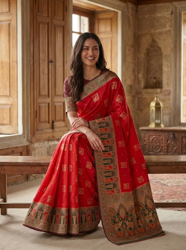 Red_Banarasi_Silk_Saree_with_Gold_Zari_&_Meenakari_Peacock_Motifs
