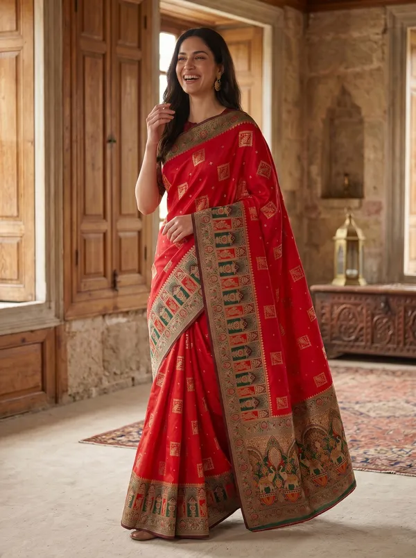 Red_Banarasi_Silk_Saree_with_Gold_Zari_&_Meenakari_Peacock_Motifs