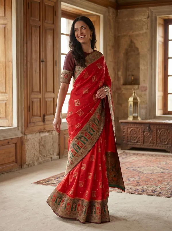 Red_Banarasi_Silk_Saree_with_Gold_Zari_&_Meenakari_Peacock_Motifs