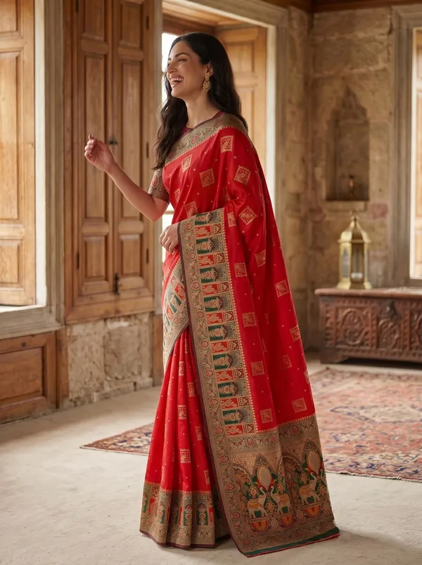 Red_Banarasi_Silk_Saree_with_Gold_Zari_&_Meenakari_Peacock_Motifs