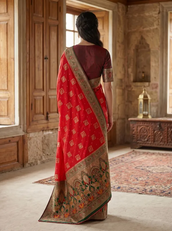 Red_Banarasi_Silk_Saree_with_Gold_Zari_&_Meenakari_Peacock_Motifs
