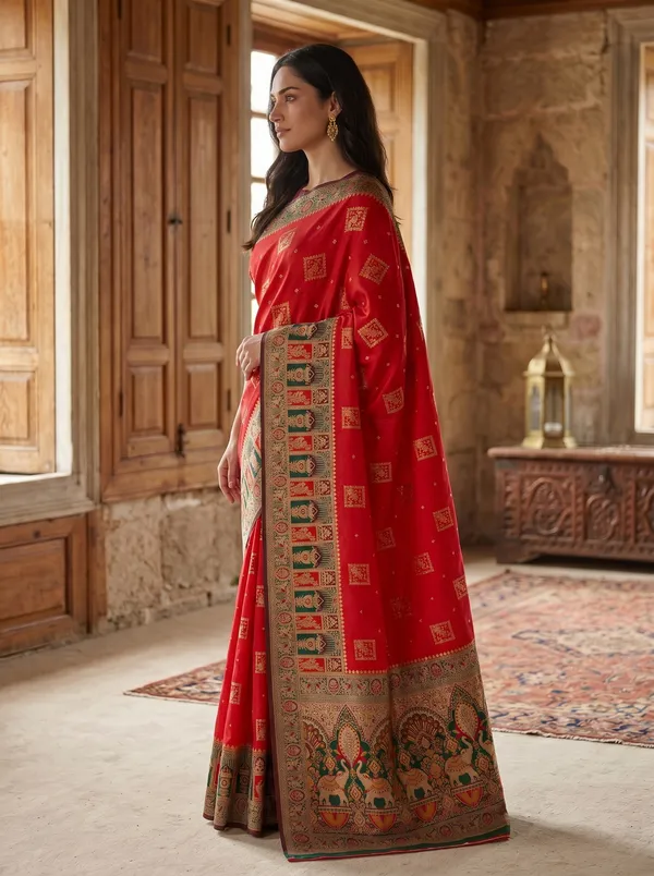 Red_Banarasi_Silk_Saree_with_Gold_Zari_&_Meenakari_Peacock_Motifs
