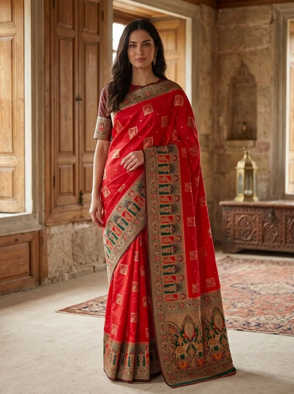 Red_Banarasi_Silk_Saree_with_Gold_Zari_&_Meenakari_Peacock_Motifs