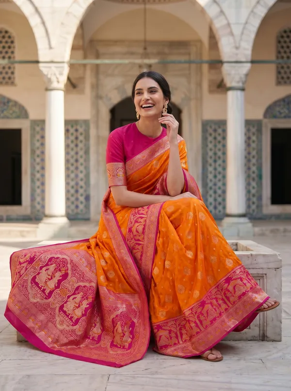 Orange_Banarasi_Silk_Saree_with_Pink_Border_|_Zari_&_Meenakari_Jacquard_Weave