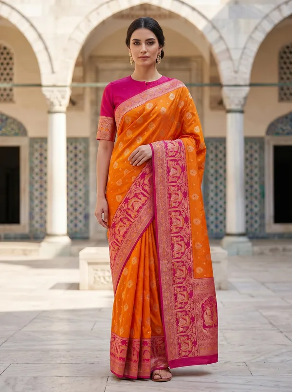 Orange_Banarasi_Silk_Saree_with_Pink_Border_|_Zari_&_Meenakari_Jacquard_Weave