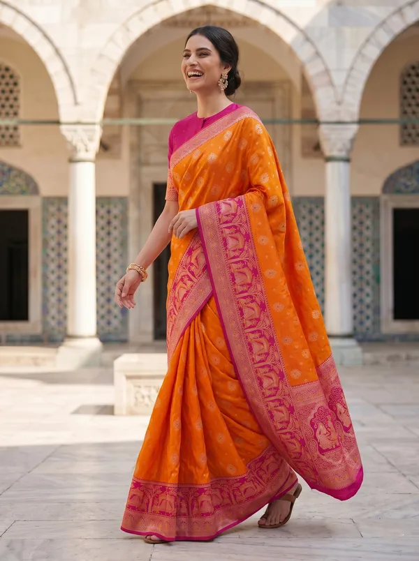 Orange_Banarasi_Silk_Saree_with_Pink_Border_|_Zari_&_Meenakari_Jacquard_Weave