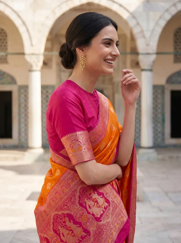 Orange_Banarasi_Silk_Saree_with_Pink_Border_|_Zari_&_Meenakari_Jacquard_Weave