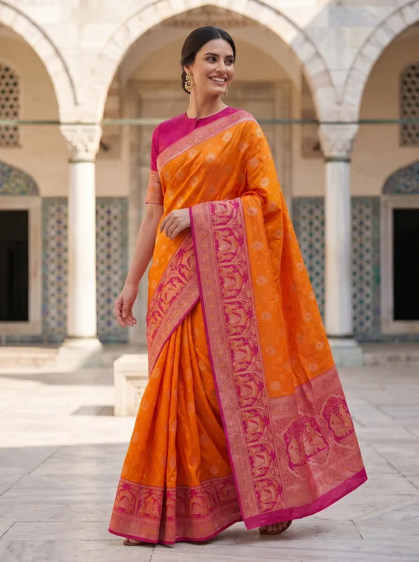 Orange_Banarasi_Silk_Saree_with_Pink_Border_|_Zari_&_Meenakari_Jacquard_Weave