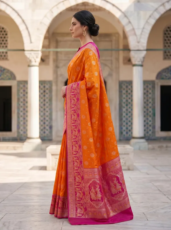 Orange_Banarasi_Silk_Saree_with_Pink_Border_|_Zari_&_Meenakari_Jacquard_Weave