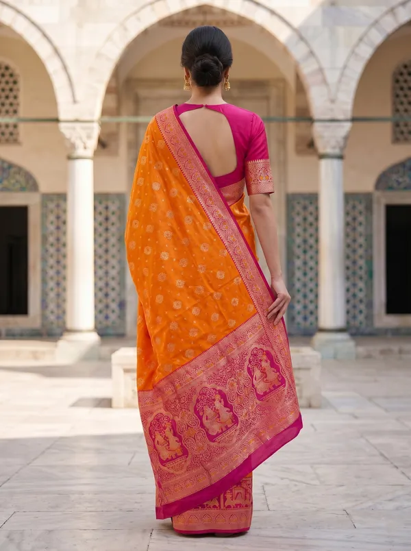 Orange_Banarasi_Silk_Saree_with_Pink_Border_|_Zari_&_Meenakari_Jacquard_Weave