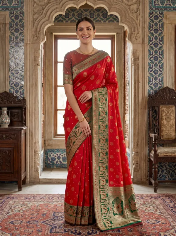 Red_Banarasi_Silk_Saree_with_Gold_Zari_&_Meenakari_Jacquard_Weave