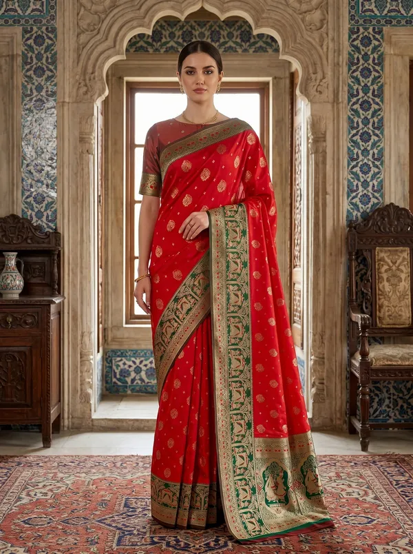 Red_Banarasi_Silk_Saree_with_Gold_Zari_&_Meenakari_Jacquard_Weave
