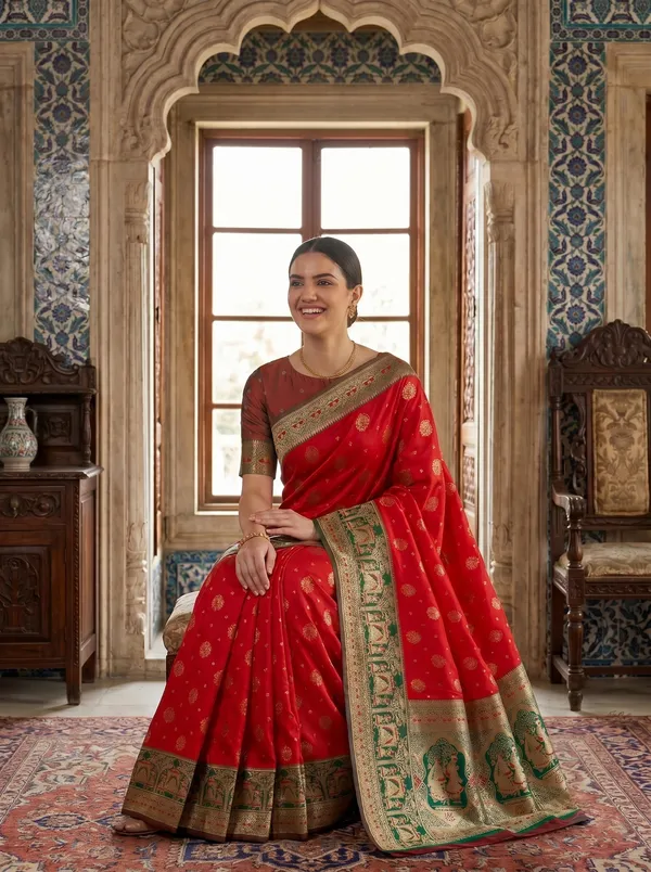 Red_Banarasi_Silk_Saree_with_Gold_Zari_&_Meenakari_Jacquard_Weave