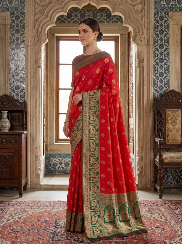 Red_Banarasi_Silk_Saree_with_Gold_Zari_&_Meenakari_Jacquard_Weave