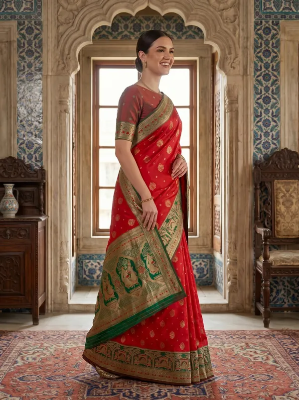 Red_Banarasi_Silk_Saree_with_Gold_Zari_&_Meenakari_Jacquard_Weave