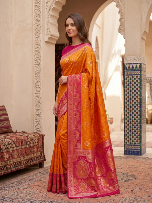 Orange_Banarasi_Silk_Saree_with_Pink_Border,_Zari_&_Meenakari_Jacquard_Weaving