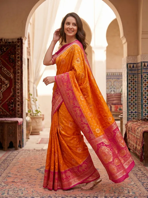 Orange_Banarasi_Silk_Saree_with_Pink_Border,_Zari_&_Meenakari_Jacquard_Weaving