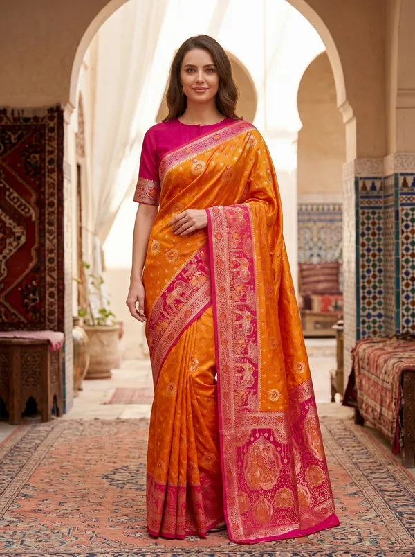 Orange_Banarasi_Silk_Saree_with_Pink_Border,_Zari_&_Meenakari_Jacquard_Weaving