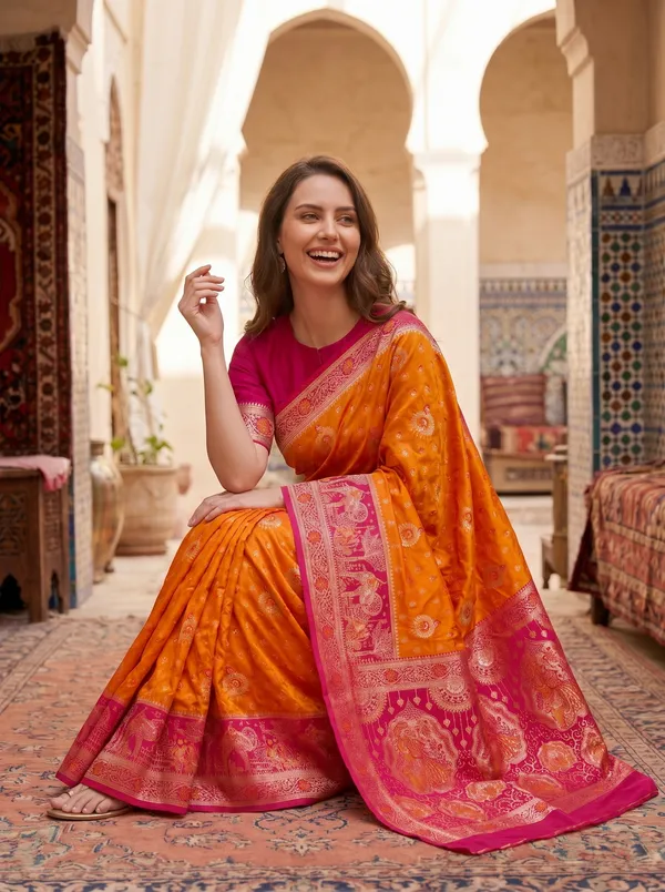 Orange_Banarasi_Silk_Saree_with_Pink_Border,_Zari_&_Meenakari_Jacquard_Weaving