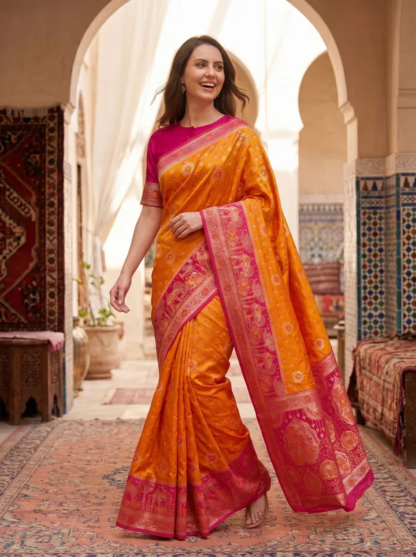 Orange_Banarasi_Silk_Saree_with_Pink_Border,_Zari_&_Meenakari_Jacquard_Weaving