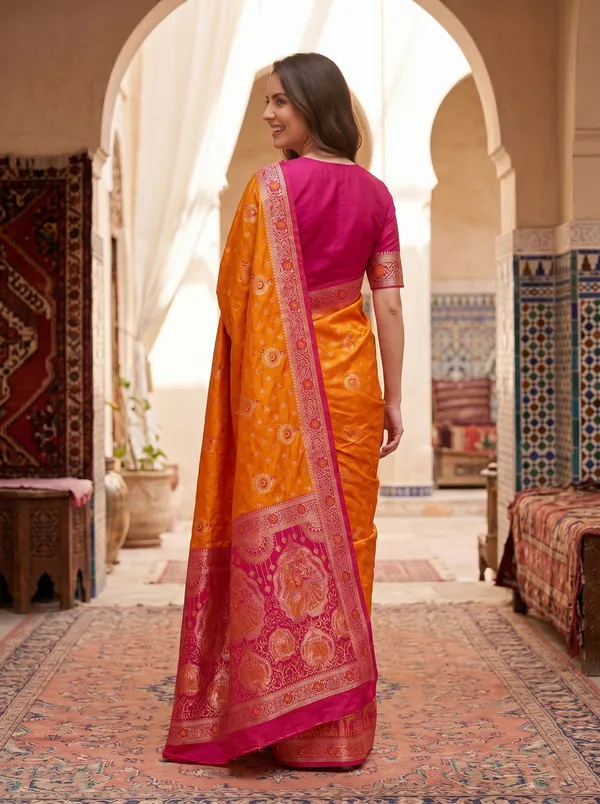 Orange_Banarasi_Silk_Saree_with_Pink_Border,_Zari_&_Meenakari_Jacquard_Weaving
