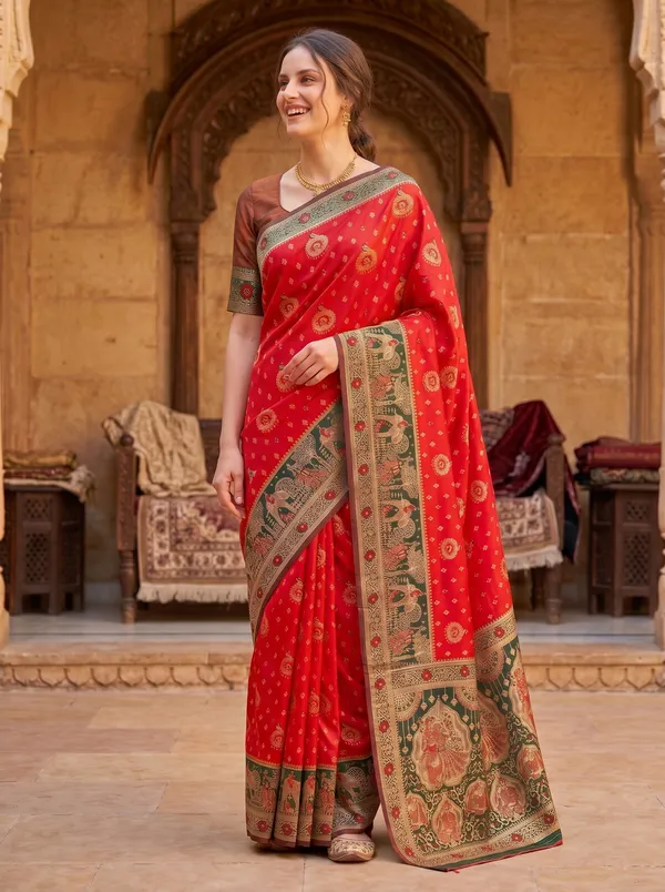 Red_Banarasi_Silk_Saree_|_Gold_Zari_Meenakari_Jacquard_Weave_&_Blouse