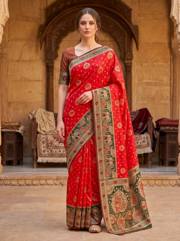 Red_Banarasi_Silk_Saree_|_Gold_Zari_Meenakari_Jacquard_Weave_&_Blouse