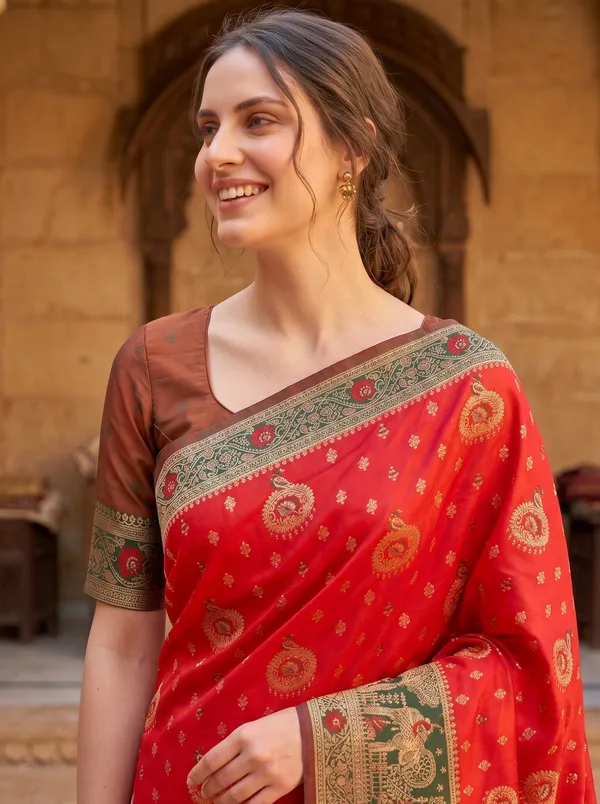 Red_Banarasi_Silk_Saree_|_Gold_Zari_Meenakari_Jacquard_Weave_&_Blouse