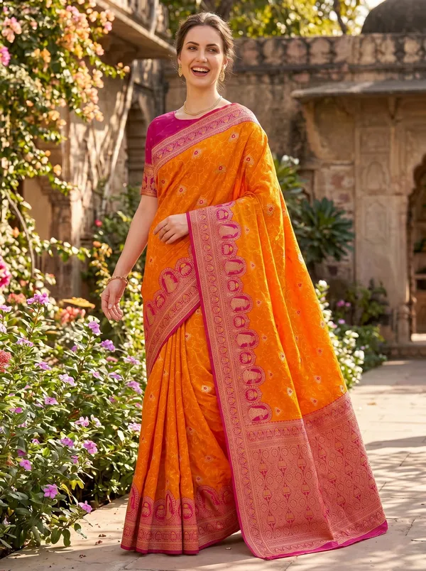 Orange_Banarasi_Silk_Saree_with_Pink_Border,_Jacquard_Weaving_&_Gold_Zari