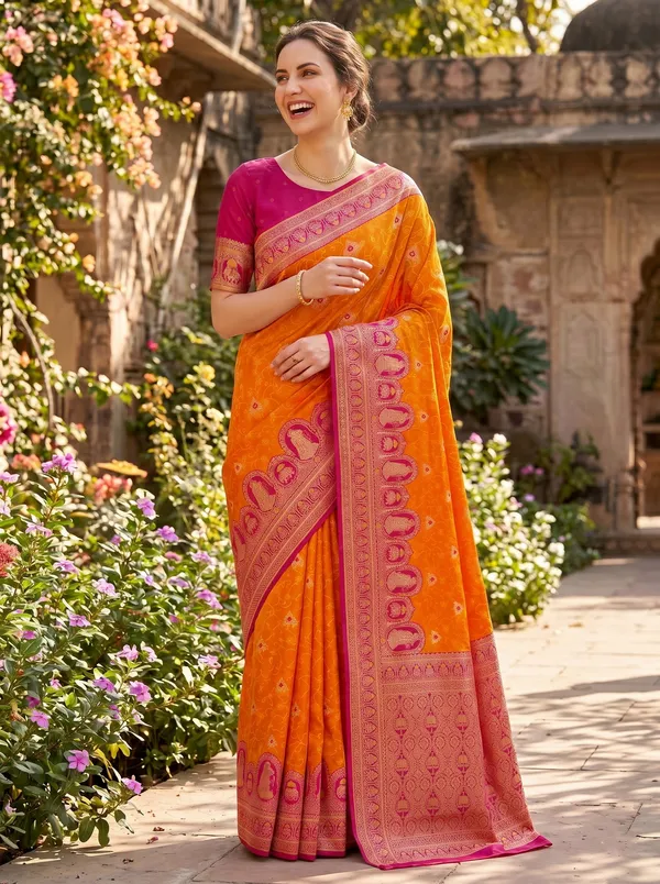 Orange_Banarasi_Silk_Saree_with_Pink_Border,_Jacquard_Weaving_&_Gold_Zari