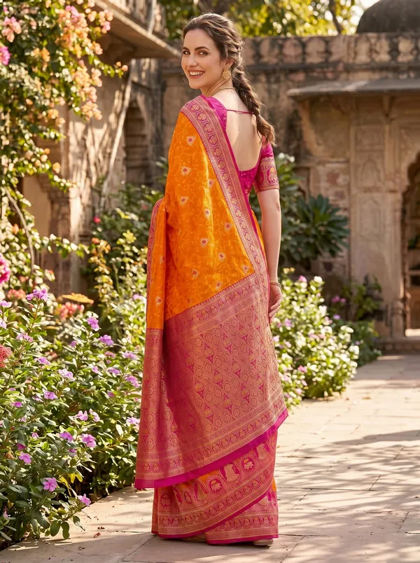 Orange_Banarasi_Silk_Saree_with_Pink_Border,_Jacquard_Weaving_&_Gold_Zari